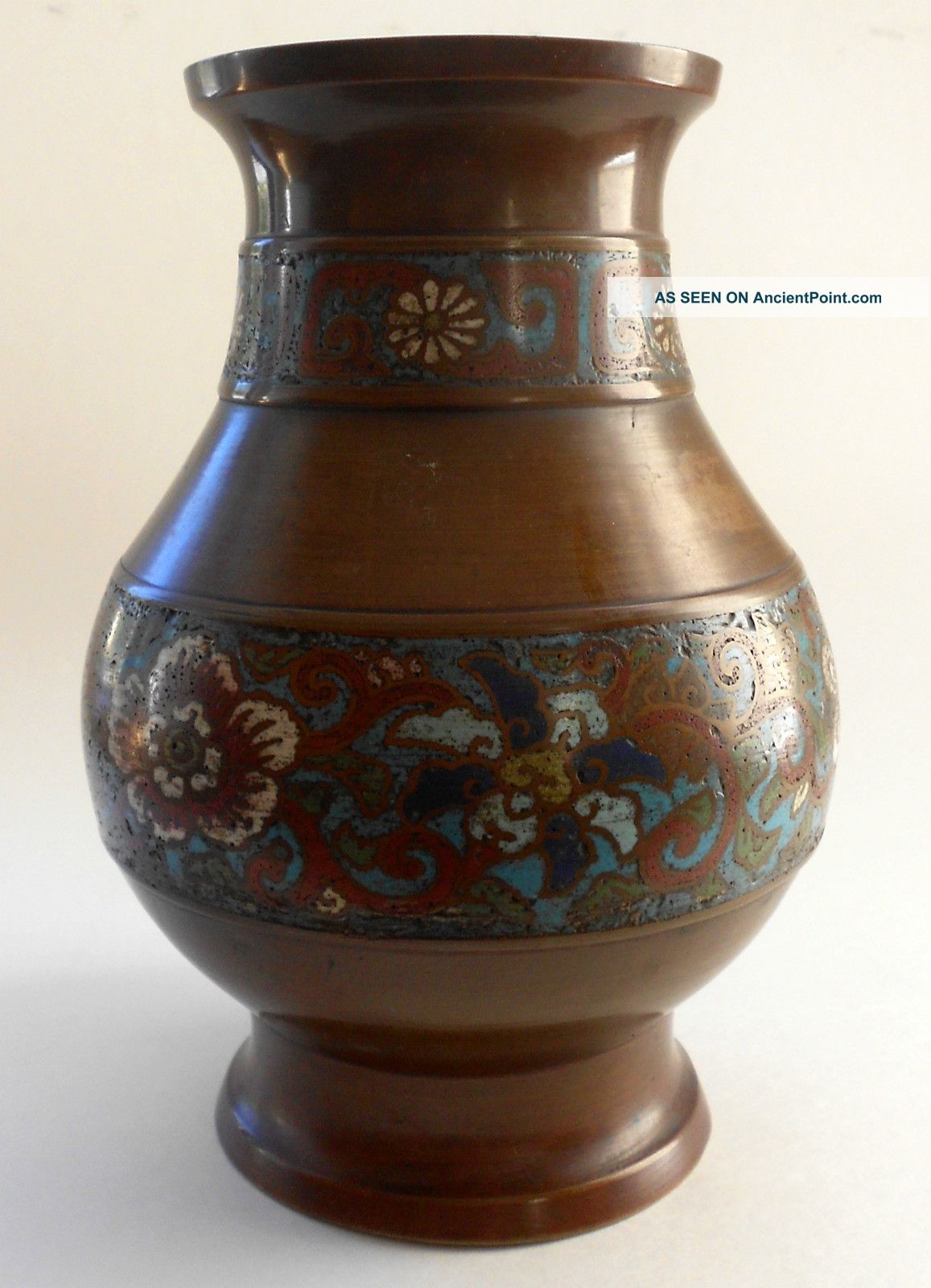 Reduced Antique Chinese Cloisonne Bronze Or Brass & Enamel Vase Height 8 