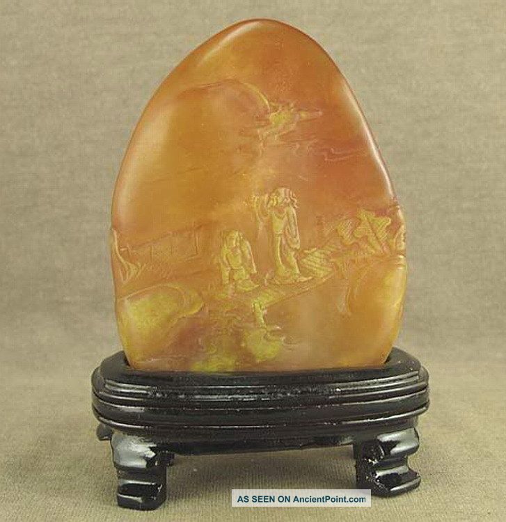 Carved With Human Landscape Chinese Old Shoushan Stone Carving With Stand Other photo