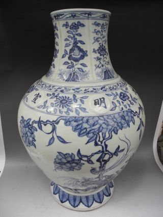 Chinese Huge Blue & White Flower Bird Porcelain Vase In Have Painting Mark photo