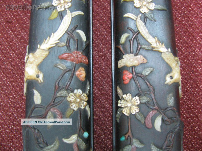 A Pair Chinese Traditional Rosewood & Conch & Rare Stone Enchased Paperweights Other photo