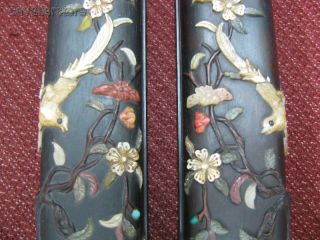 A Pair Chinese Traditional Rosewood & Conch & Rare Stone Enchased Paperweights photo