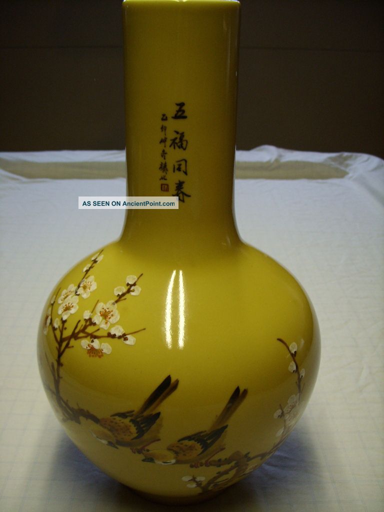 Chinese Qing Dynasty ? Vase Hand Painted Birds Flowers Tree Pottery Signed Vases photo