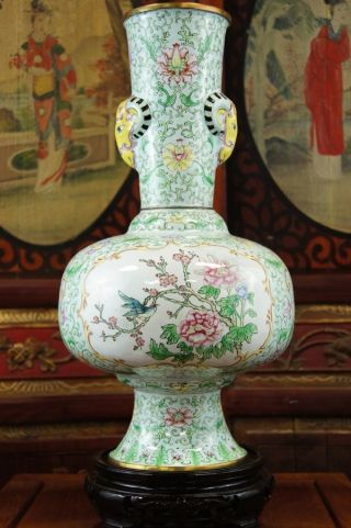 Vintage Chinese Bronze Enamel Vase Gar Hand Painted photo