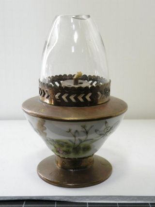 N533 Antique Chinese Kerosene Oil Burner Lamp,  Famille Porcelain,  Brass photo