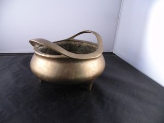Antique Chinese Footed Bowl With Handles,  Heavy Brass,  Incense Burner,  Signed photo