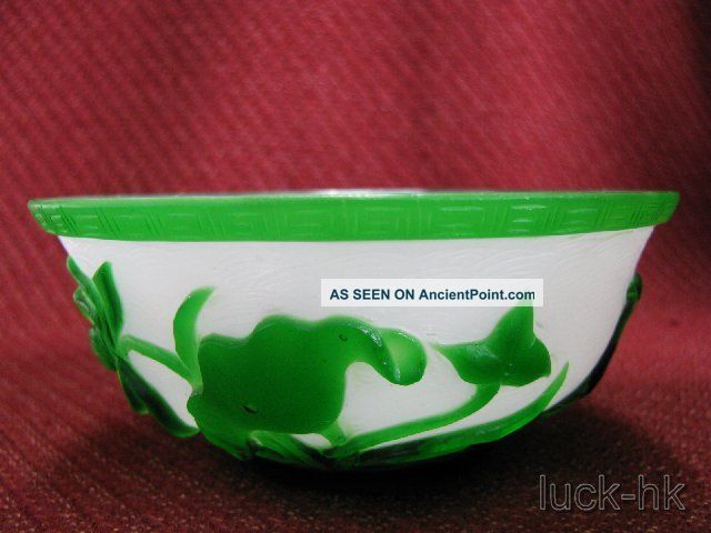 Chinese Peking Glass Carved Bowl - Water Lily & Bird Pa Other photo