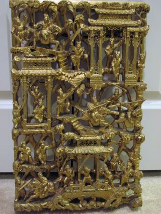 Antique - Chinese - Exquisite Detail Carved - Gilt Wood - Temple Panel photo