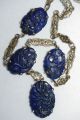 Antique Art Deco Gilded Sterling Silver Carved Lapis Floral Link Necklace Necklaces & Pendants photo 3