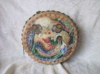 Dragon Phoenix Wood Drum Antique Chinese Hand Painted Polychrome photo