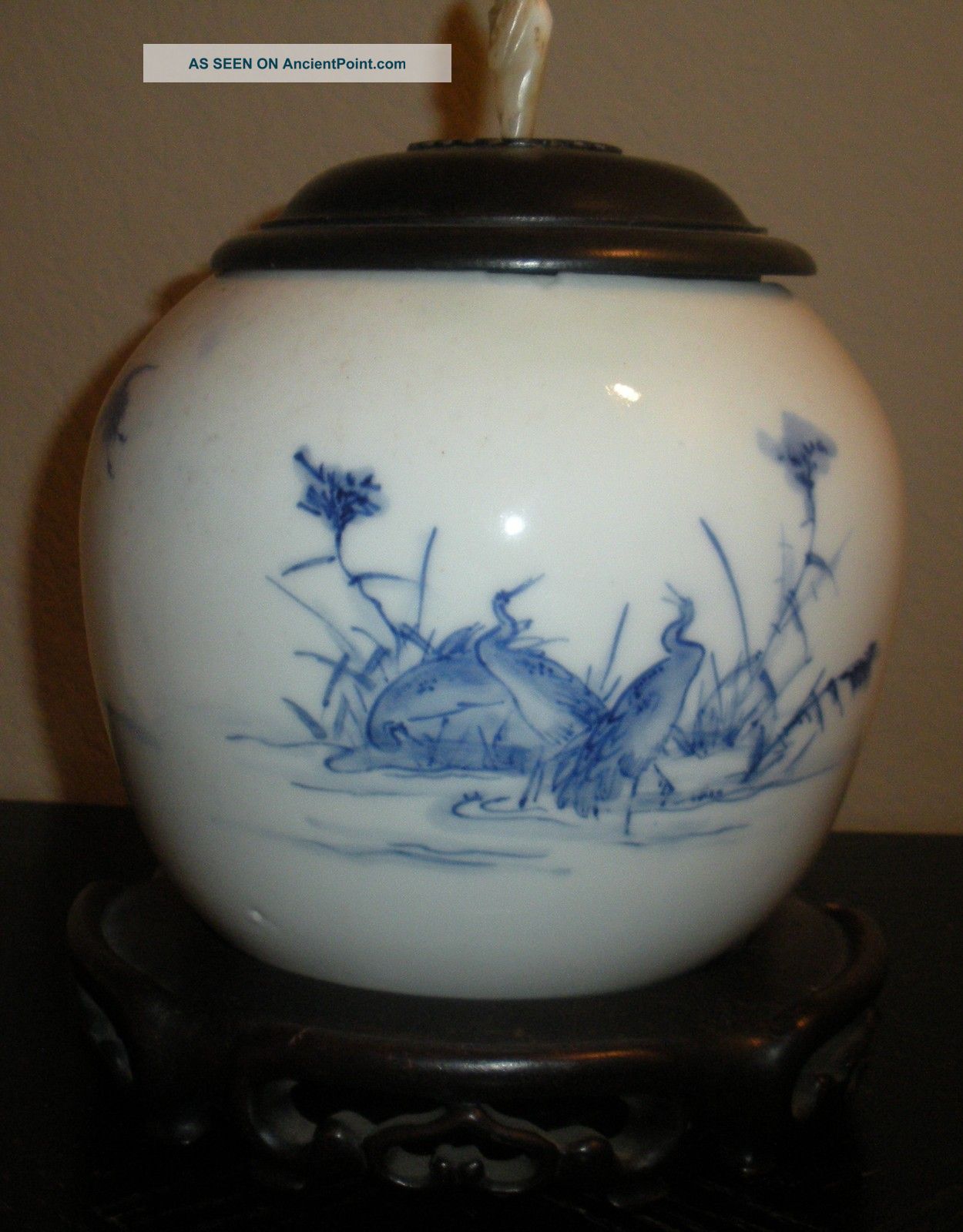 Quality Antique Chinese Porcelain Jar Vase Crane Wood Cover Stand Jade Finial Vases photo