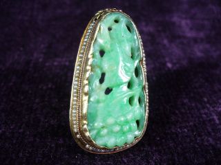 Antique Vintage Chinese Green Jade 14k Gold Ring photo