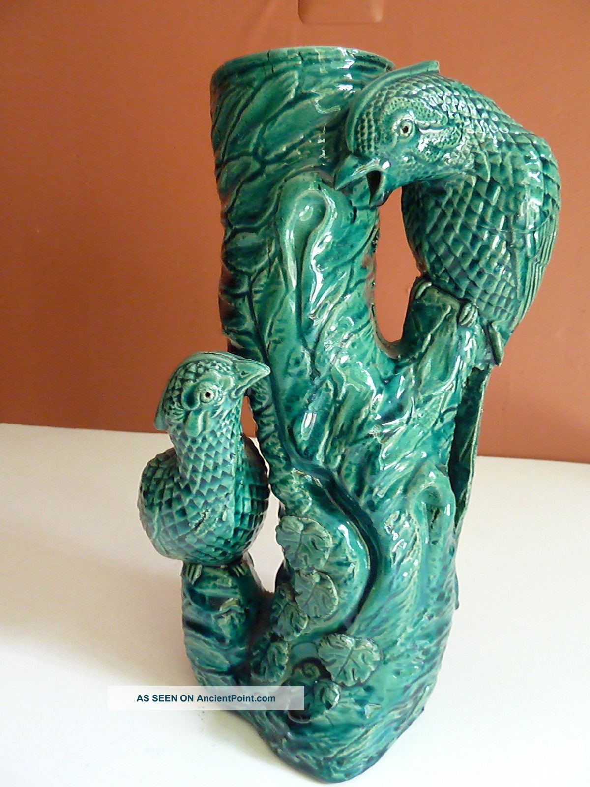 Old Chinese Oriental Glazed Vase W/ Birds Moulded Pottery Ceramic Vases photo