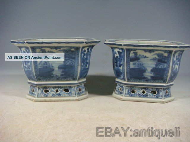 Rare Blue&white Porcelain A Pair Flowerpot Vases photo