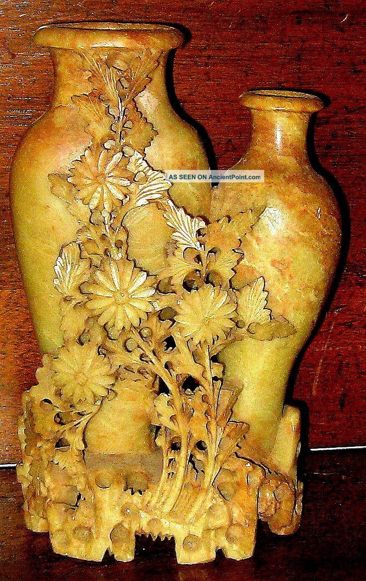 Antique~beautiful Hand Carved Soapstone Double Chinese Vase W/detailed Flowers Vases photo