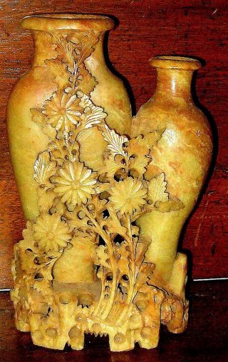 Antique~beautiful Hand Carved Soapstone Double Chinese Vase W/detailed Flowers photo