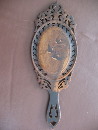 Old Antique Victorian Hand Carved Anglo Indian Vanity Mirror With Inlaid Birds photo