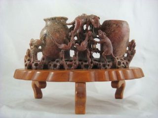 Vintage Antique Chinese Hand Carved Soapstone Double Vase Monkey Boar Birds photo