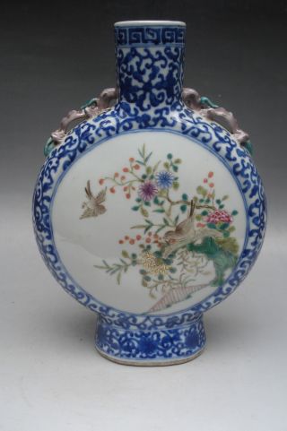 Blue & White Famille Rose Flower Bird Porcelain Flat Vase Mark photo