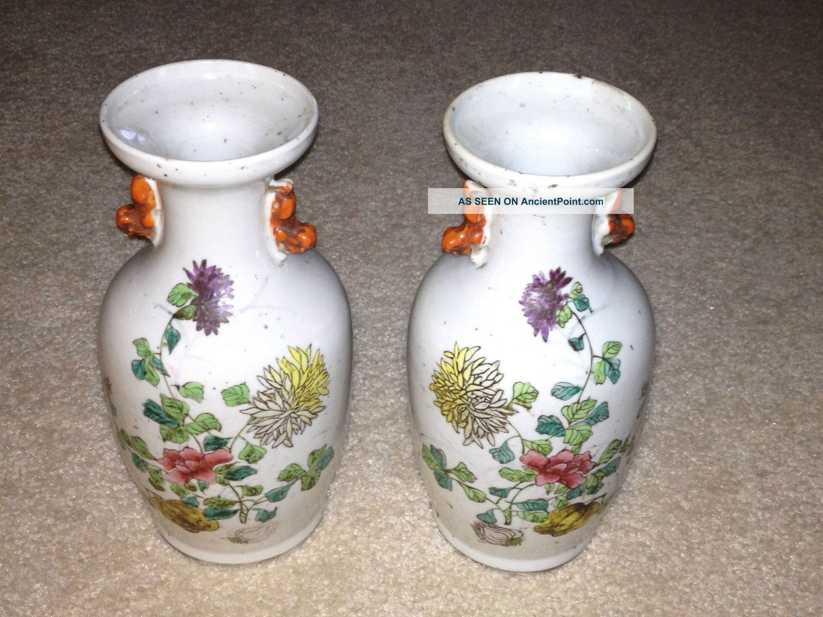 Antique Chinese Vases Signed Very Early Flowers Pair Matching Vases photo