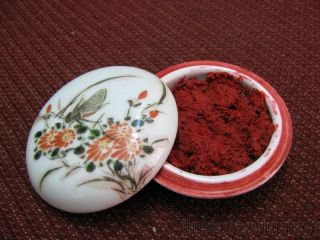 Chinese Porcelain Red Paste Ink Case - Flower & Cricket photo