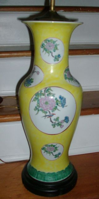 Antique Chinese Porcelain Baluster Vase As Lamp Yellow Famille Jaune Rose Export photo