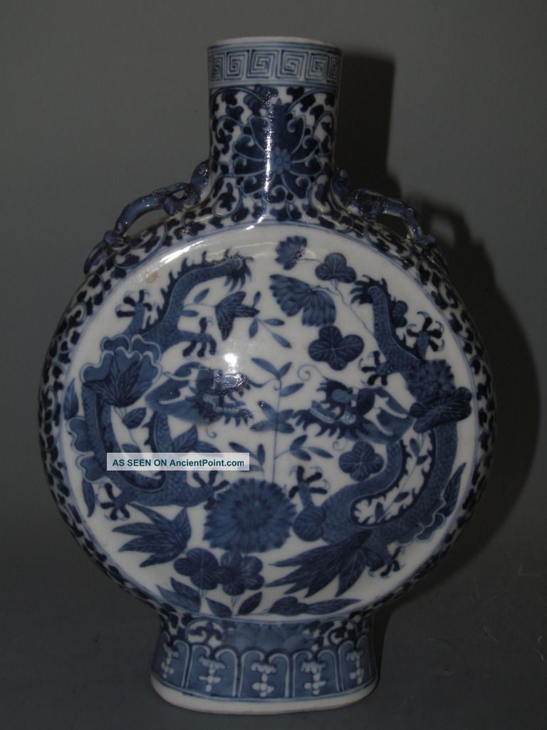 Fine Chinese Blue & White Porcelain Flat Dragon Vase Vases photo