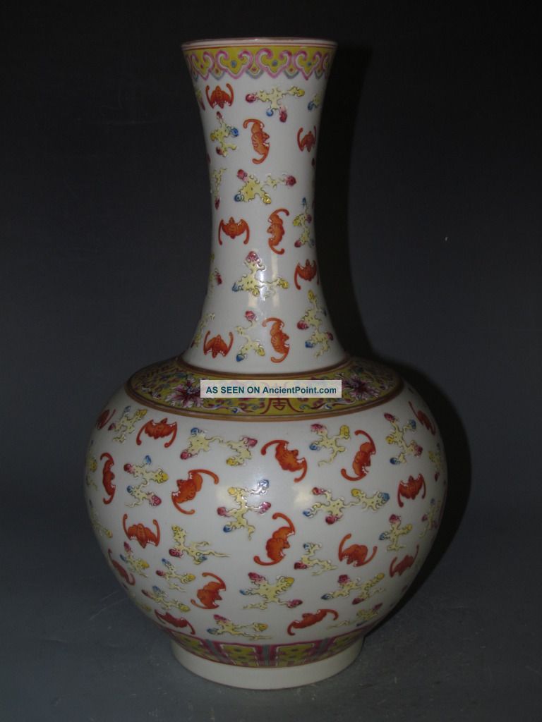 Fine Chinese Rare Famille Rose Gilt Porcelain Bat Vase Vases photo
