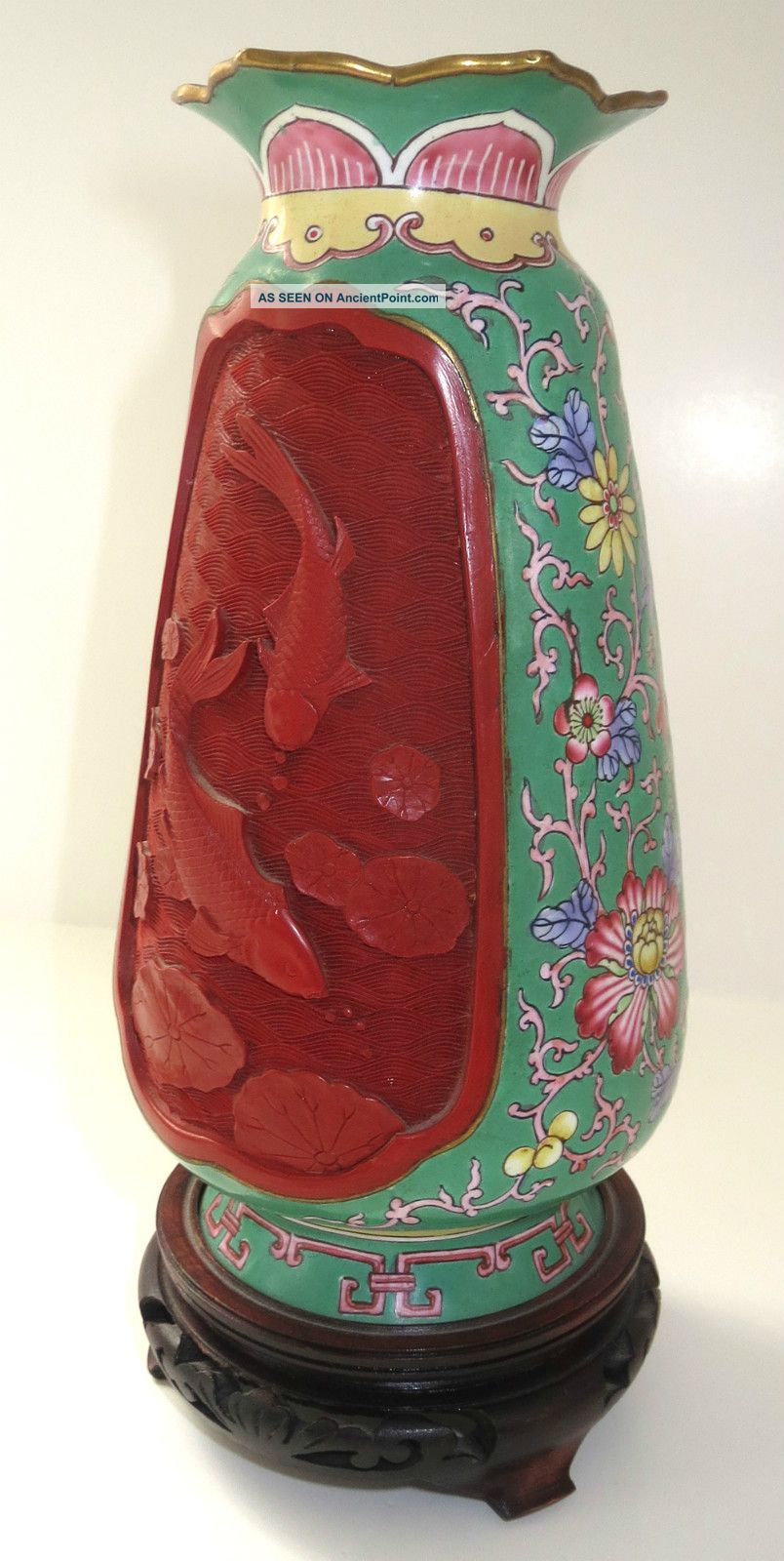 Vtg Chinese Red Cinnabar Hand Painted Enamel Vase Rosewood Stand Koi Fish Vases photo
