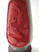 Vtg Chinese Red Cinnabar Hand Painted Enamel Vase Rosewood Stand Koi Fish Vases photo 2