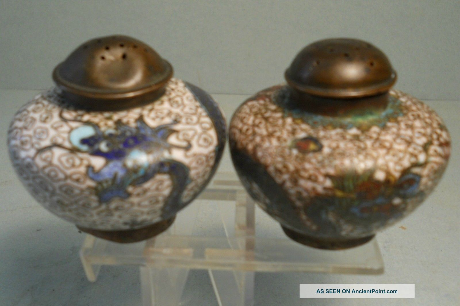 Antique Closisonne Salt & Peppers Shakers With Dragons Very Old Enamel On Brass Other photo