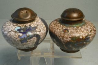Antique Closisonne Salt & Peppers Shakers With Dragons Very Old Enamel On Brass photo