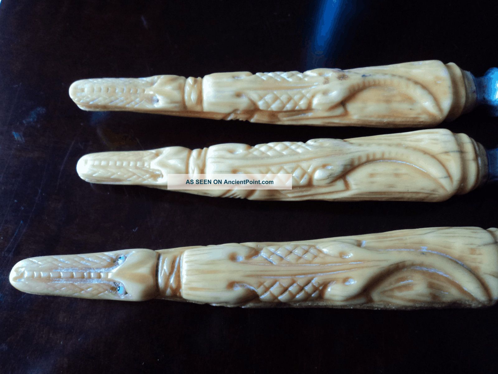 Antique Carving Set With Carved Oxbone Alligator Handles Unusual Crocodile Other photo