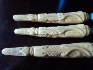 Antique Carving Set With Carved Oxbone Alligator Handles Unusual Crocodile photo