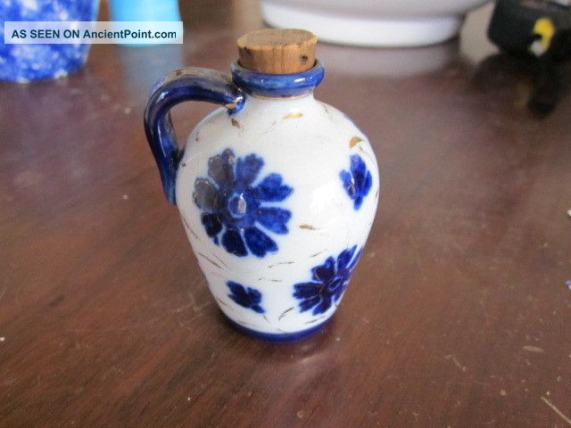 Antique Mini Vase Or Jug Blue Flowers White & Gold Acnt Vases photo