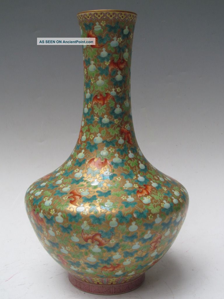 Fine Chinese Rare Famille Rose Gilt Porcelain Gourd Bat Vase Vases photo