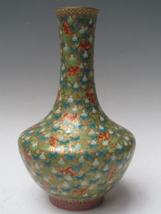 Fine Chinese Rare Famille Rose Gilt Porcelain Gourd Bat Vase photo