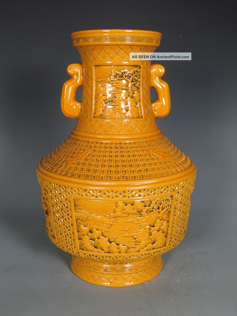 Fine Chinese Rare Purely Royal Yellow Porcelain Carved Landscape Vase Vases photo