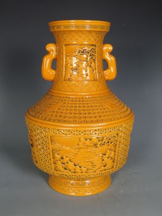 Fine Chinese Rare Purely Royal Yellow Porcelain Carved Landscape Vase photo