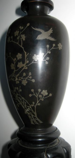 Antique Chinese Lacquer Lacquerware Foochow Vase Silver Inlay Bird Vine Repaired photo