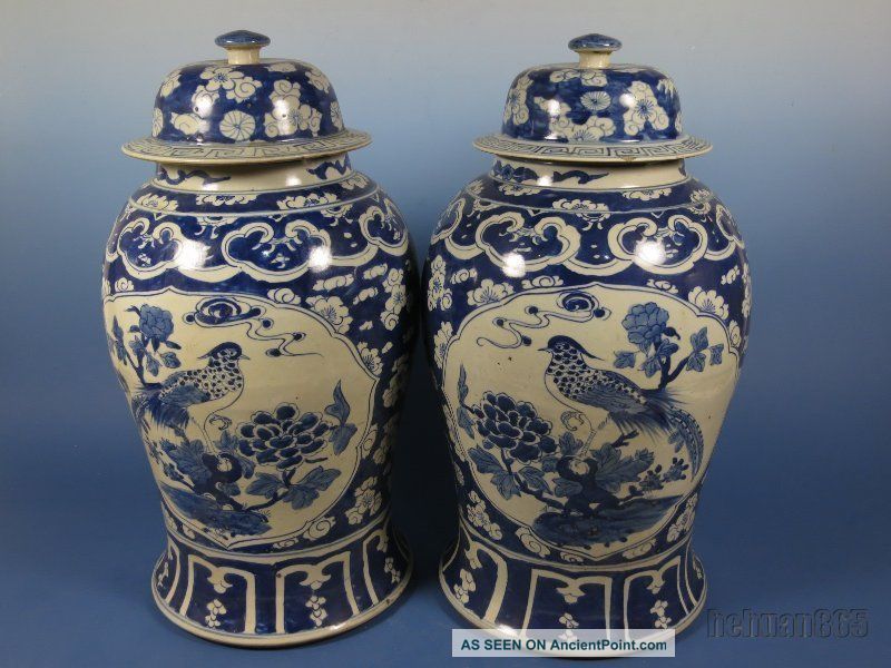 A Pair Large Stunning Chinese Blue And White Porcelain Pot Vases photo