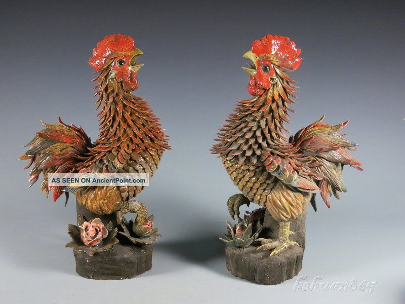 A Pair Stunning Chinese Porcelain Cock Statue Vases photo