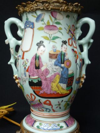 Antique Chinese Vase Lamp Large Porcelain Brass Mounts Famille Rose Verte photo