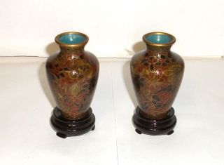 Pair Of Small Cloisonne Enamel Amber Floral Vases photo