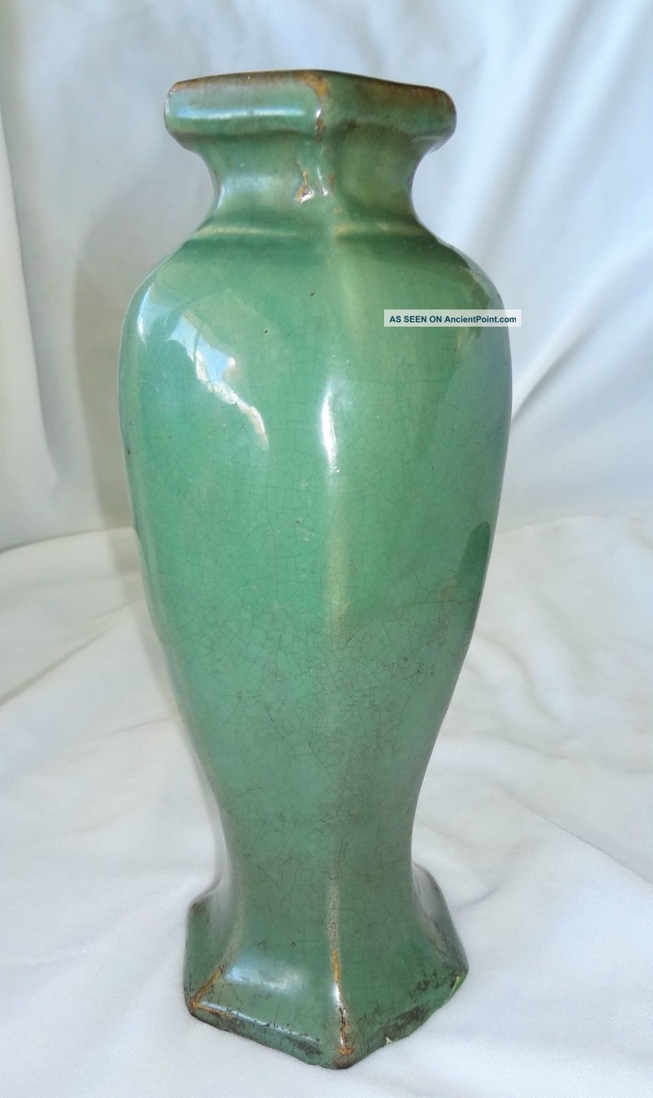 19ct Chinese Guang Dong Ware Hexagonal Olive Green Thickly Glazed Vase Vases photo
