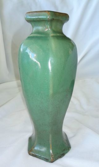 19ct Chinese Guang Dong Ware Hexagonal Olive Green Thickly Glazed Vase photo