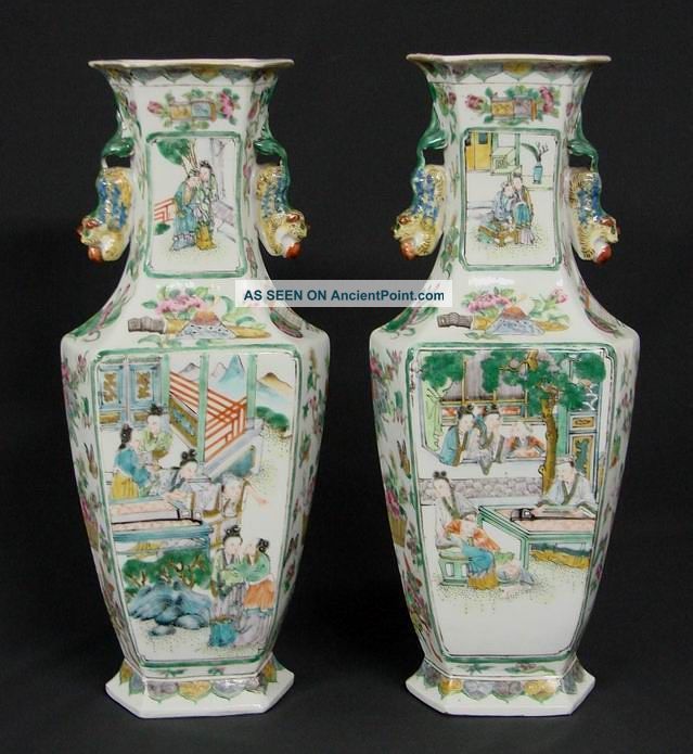 Pair Of 19th C Chinese Famille Rose Figures Hexagon Vase Vases photo
