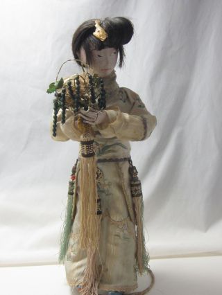 Antique Chinese Female Doll,  Wood,  Paper And Silk photo