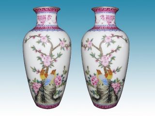 Fine Unique Famille Rose Gilt Porcelain Flower Bird Vases 8 