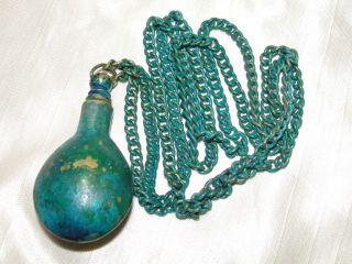 Estate Rare Antique Brass Copper Snuff Perfume Bottle With Chain Necklace 44.  2g photo