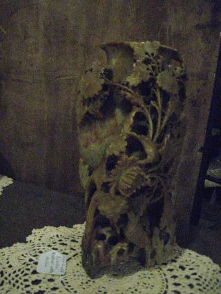 Fabulous Ancient Chinese Hand - Carved Green Soapstone Vase With Flowers And Birds photo